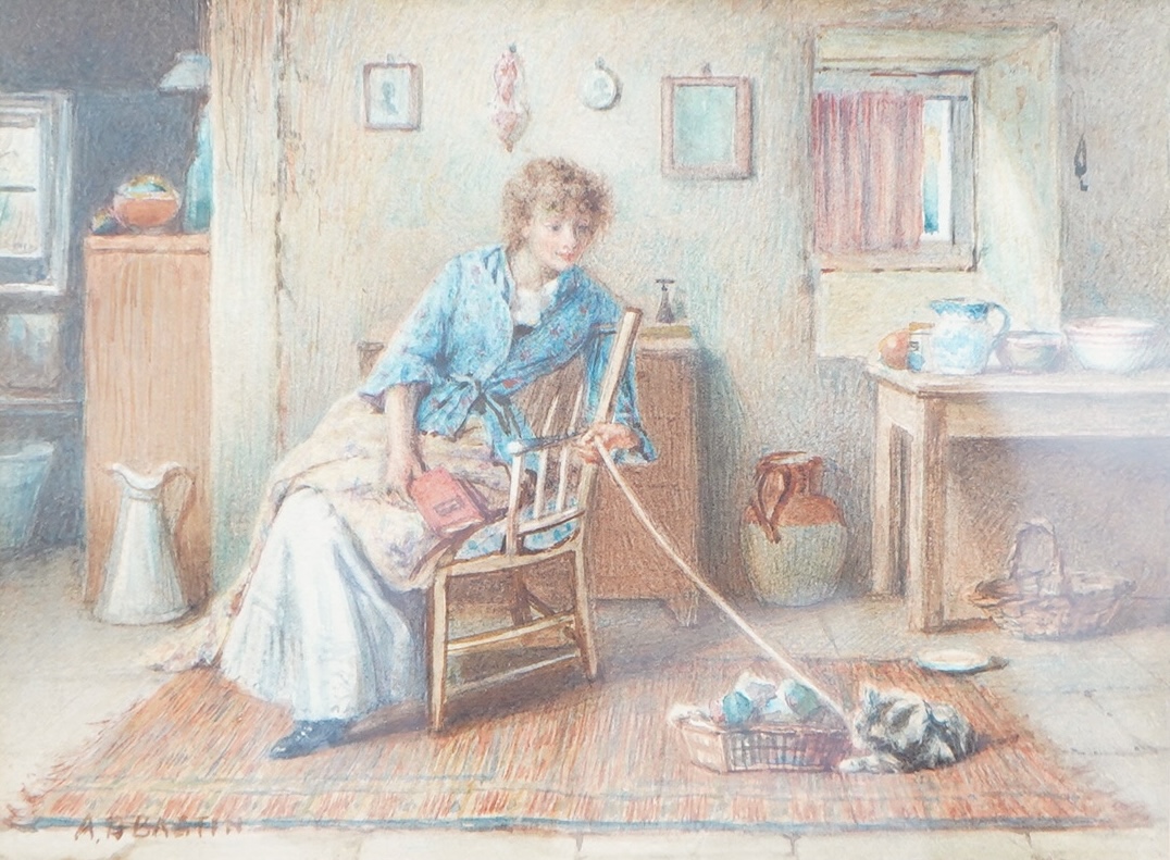 Alfred D Bastin (1849-1913), Interior scene with woman and cat, signed, watercolour, 14 x 18cm